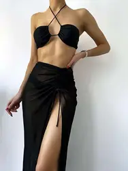3 Pieces Thong Bikini 2026 Women With Dress Black Swimwear Female Halter Swimsuit Beach Wear Bathing Swimming Suit Summer
