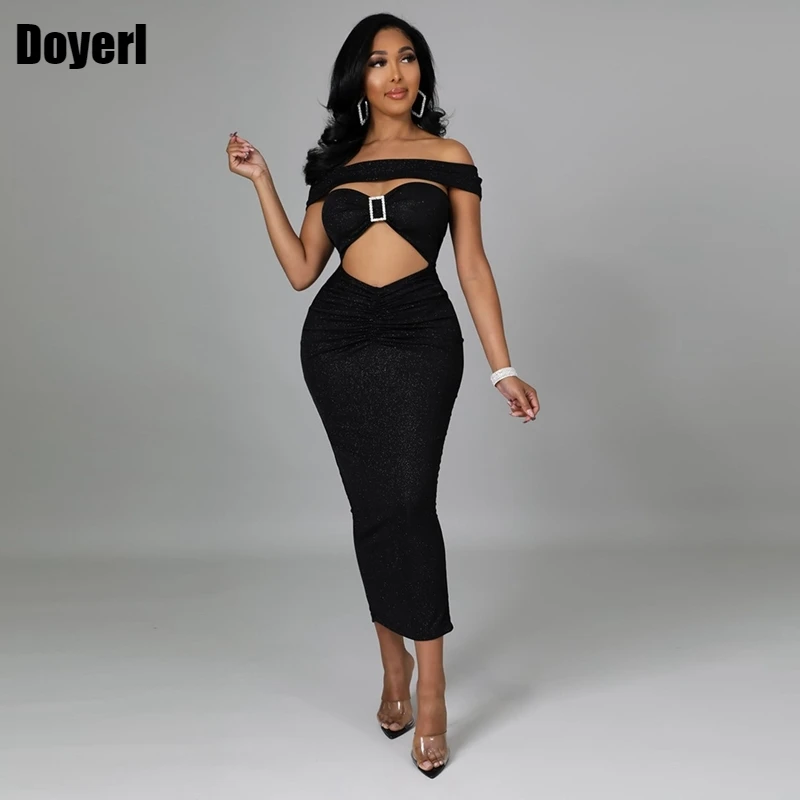 

Sexy Birthday Party Dress Glitter Buckle Off Shoulder Hollow Cut Out Club Bodycon Dress Midi Elegant Evening Dresses for Women