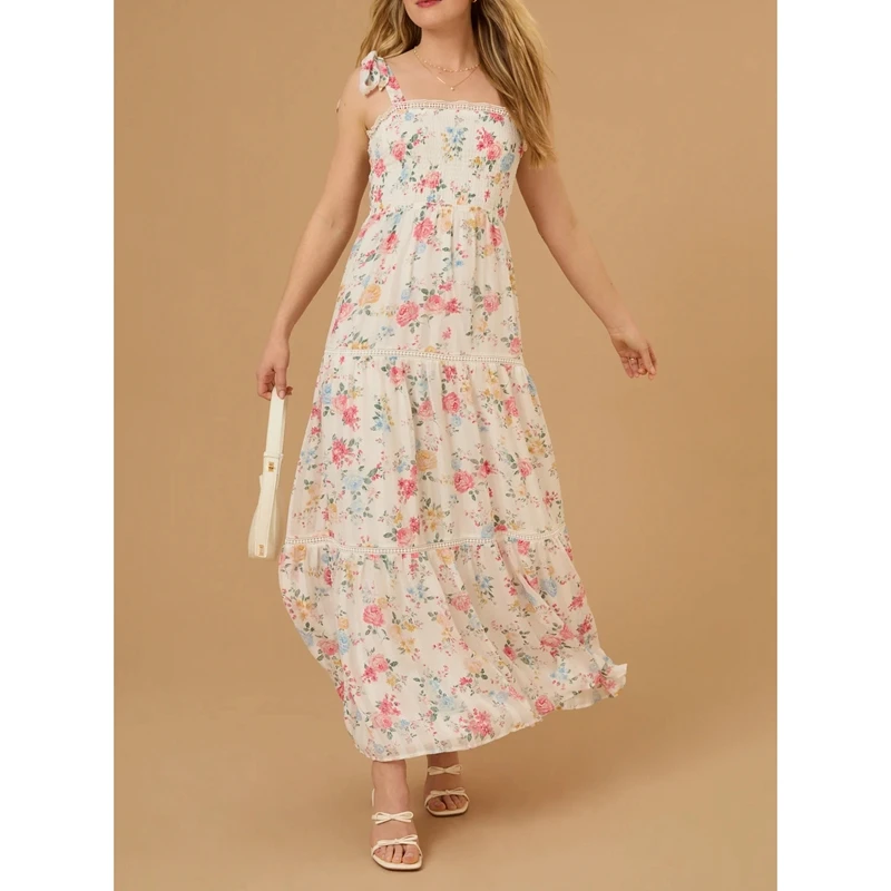 

Combhasaki Women Summer Sleeveless Casual Tied Wide Straps Floral Print Square Neck Swing Flowy A-Line Party Vacation Long Dress