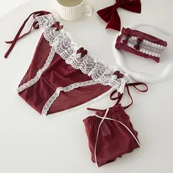 Underpants Solid Color Cotton Crotch Lace Ruffles For Girls Mesh Briefs Female Lingeries Middle Waist Thong Wine Red Panties