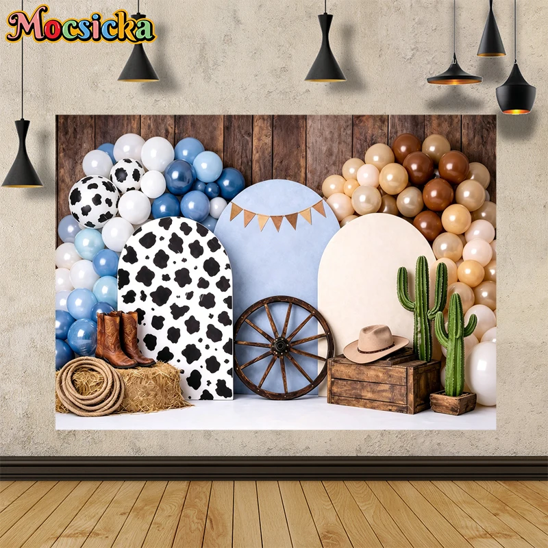 Mocsicka Western Cowboy Birthday Photography Backdrop Cow Print Cactus Balloon Background Baby Boy Rodeo Cake Smash Photo Studio