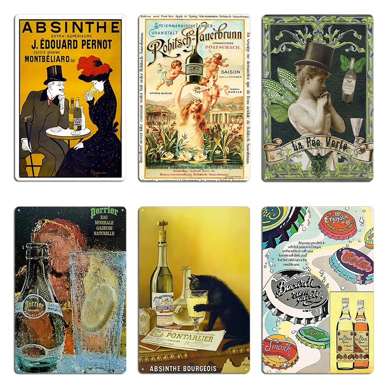 Absinto 1905. Póster Vintage Perrier agua con gas Perrier eau Minérale Gazeuse Naturelle Metal Club cine cartel de estaño