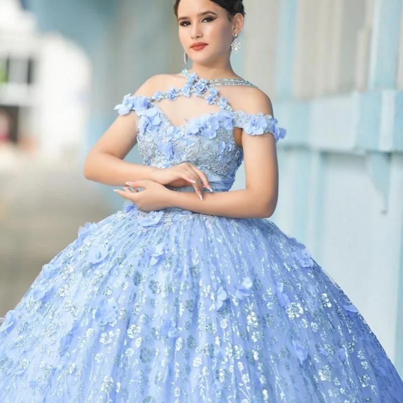 

Shiny sky blue Quinceanera Dress off-shoulder Lace 3D flower glitter decal Long tail vestidos de 15 Quinceanera ﻿Customized