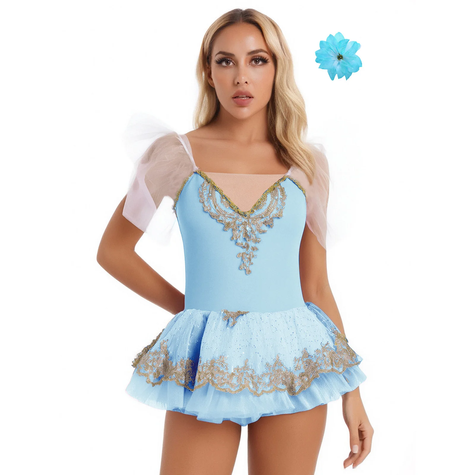 

Women Swan Lake Ballet Dance Dress Gold Embroidery Ruffled Tiered Tulle Tutu Dress with Flower Hair Clip for Figure Skating Show
