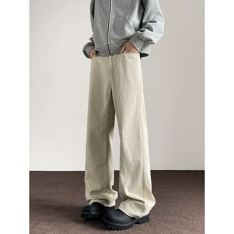 Spring Beige Casual Pants Men Fashion Retro Straight Pants Men Streetwear Korean Loose Black Pants Mens Vintage Trousers M-3XL