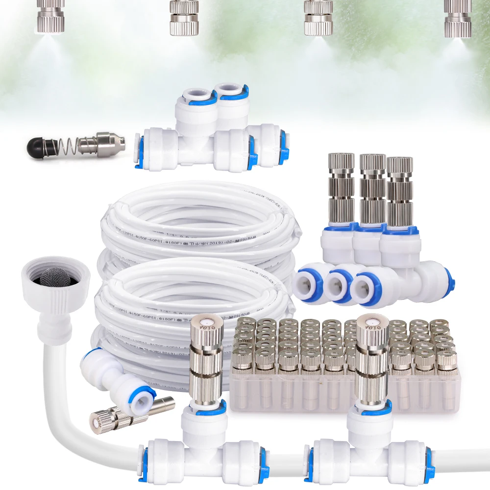 Garden Misting Nozzle Watering System for Greenhouse 1/4”White PE Hose Fittings 6mm Low Pressure Spray-Head with Built-in Filter