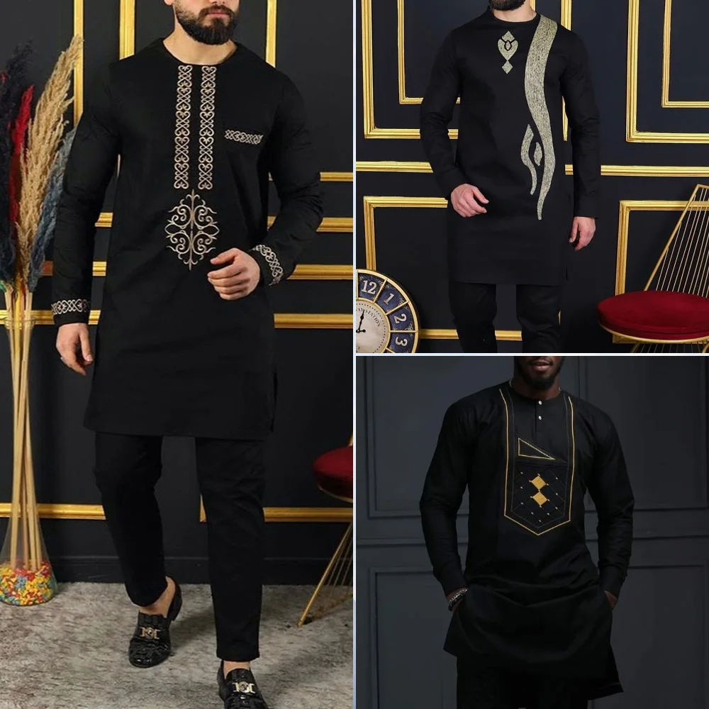 Nieuw In 2 Stuks Heren Dashiki Volledige Broek Sets Afrikaanse Traditionele Outfit Lange Mouw Luxe Kleding Kaftan Elegante Merk Pakken