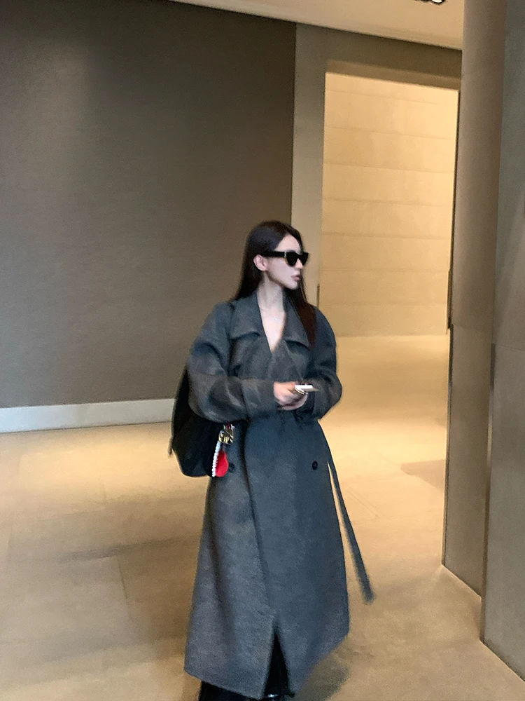 Lady Doppio Petto Yak Capelli Giacche di Lana da Donna 2025 Autunno E Inverno Più Caldo Allentato Lace-Up Lungo Cappotti di Lana da Donna