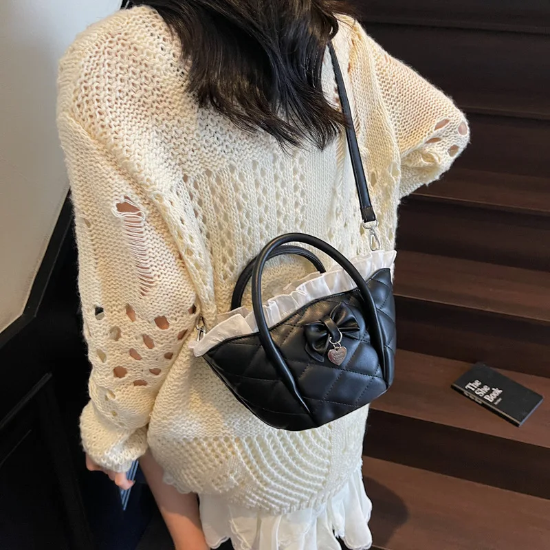 

Lace Trim Basket Bag Casual Chic Crossbody Shoulder Bag Elegant Versatile Diamond Quilting Embroidery Tote Handbag