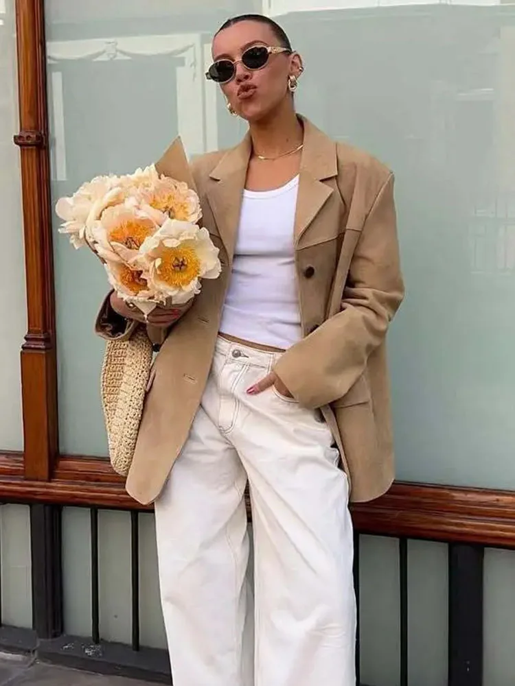 

Женский винтажный элегантный пиджак цвета хаки из замши, модный осенний офисный женский однобортный уличный пиджак 2023 года, верхняя одежда Mujer