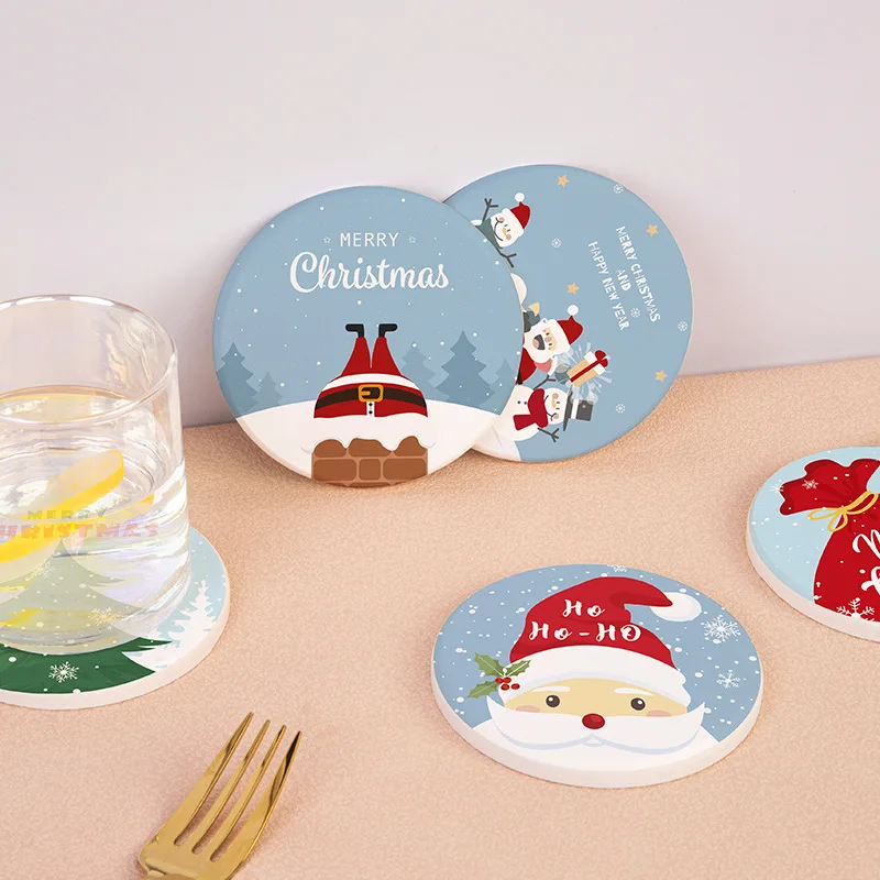 Cartoon Santa Claus Diatom Mud Coaster, Christmas Snowman Ceramic Table Bowl Mat, Insulated Tea Cup Pad, Mugs Holder,Party Decor