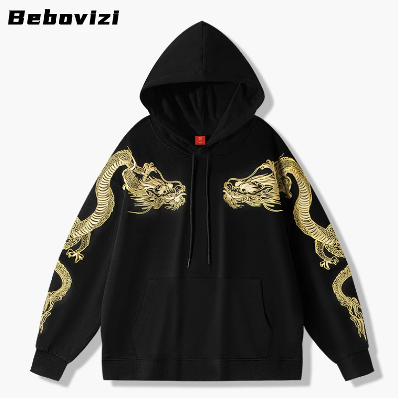 

2023 Golden Dragon Embroidery Hoodie Sweatshirt Men Streetwear Retro Hooded Cotton Harajuku Pullover Hoodie Hip Hop Clothing