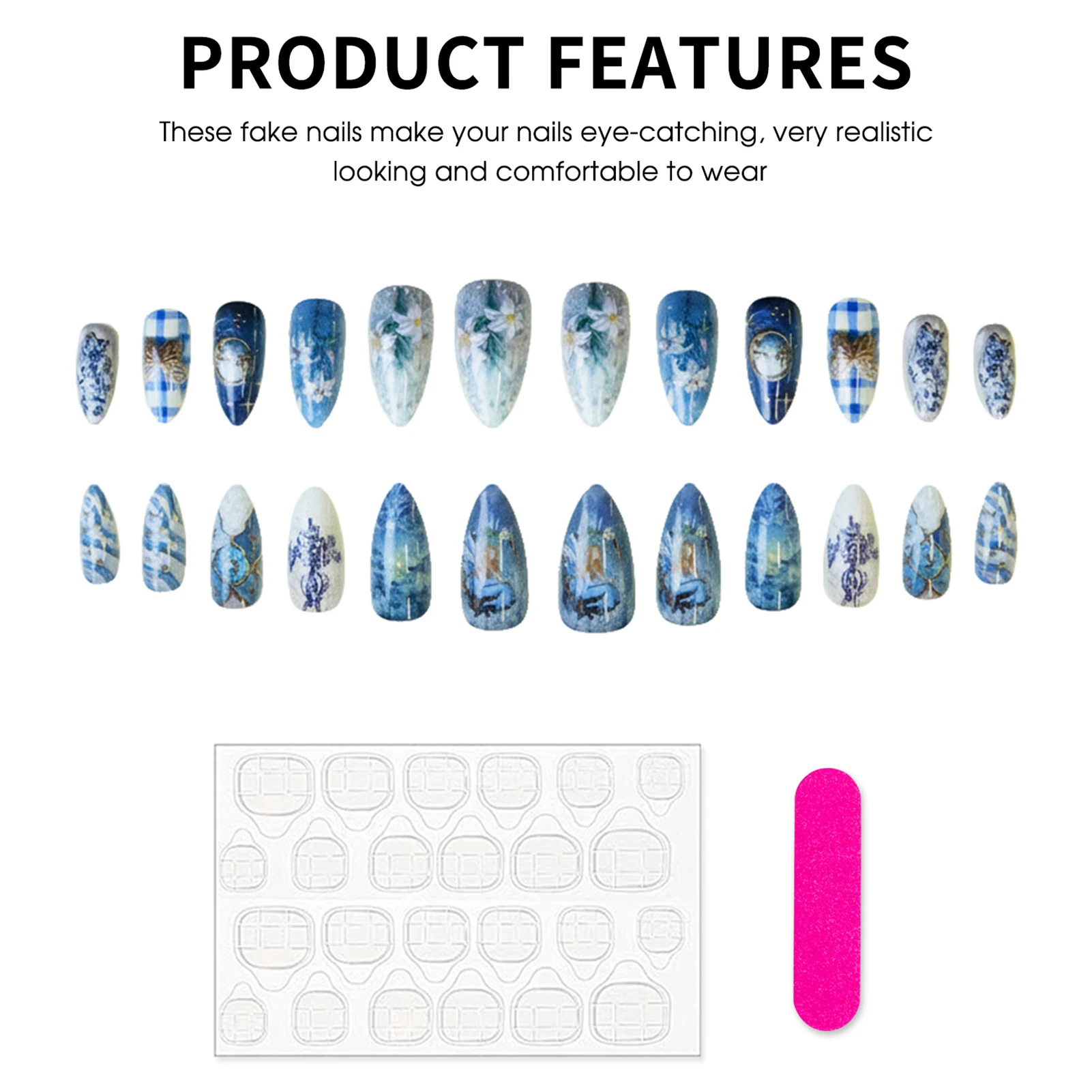 24 pezzi di fata estate modello di fiore blu stampa sulle unghie serie di pittura a olio di mandorle lucide unghie finte affascinanti unghie finte indossabili