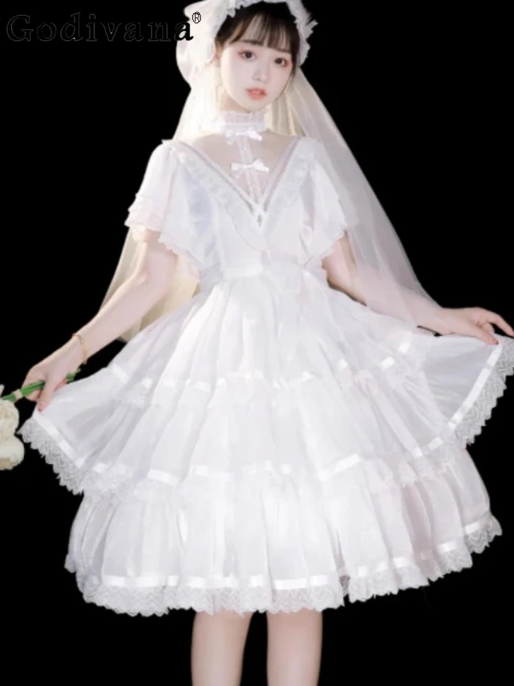 

Halloween Princess Court Elegant V-Neck Bow High Waist Lolita Dress Fashion Short Sleeve A-line White Versatile Fairy Dresses