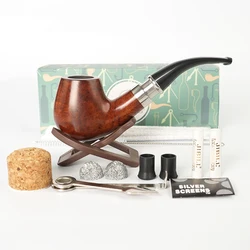 JIBILL briar tobacco pipe set, 9mm pipe channel, metal ring fixed on mouthpiece, classic wood pipe with cleaning accessories