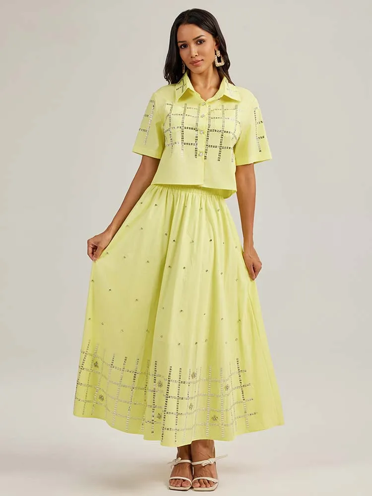 Luxury Rhinestone short sleeve tops and Long skirt Women 2025 Summer Stylish Blue Yellow 2 piece set Beading shirt INKEO 5T123