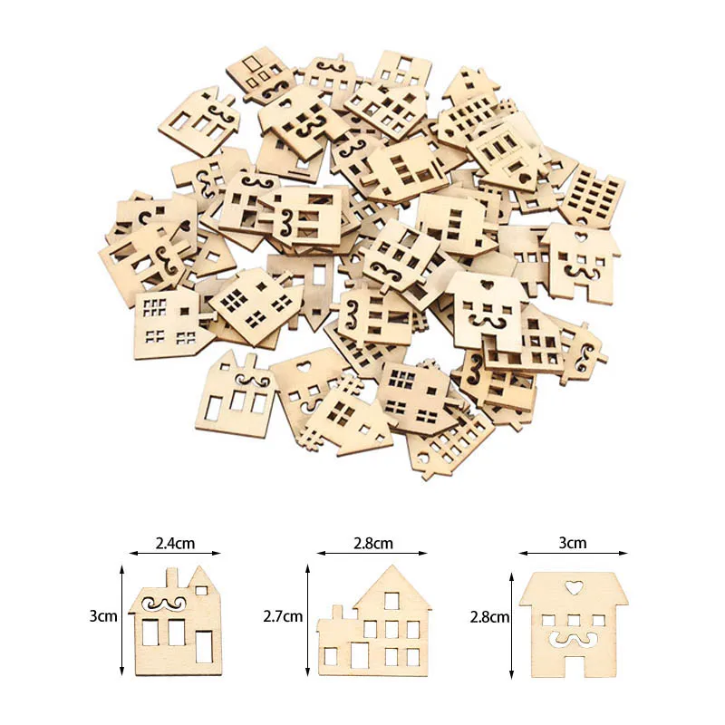 50Pcs Christmas Wooden House Decoration Table Confetti Navidad Wood Cabin Pendant For Xmas Tree Home Hanging Ornaments New Year