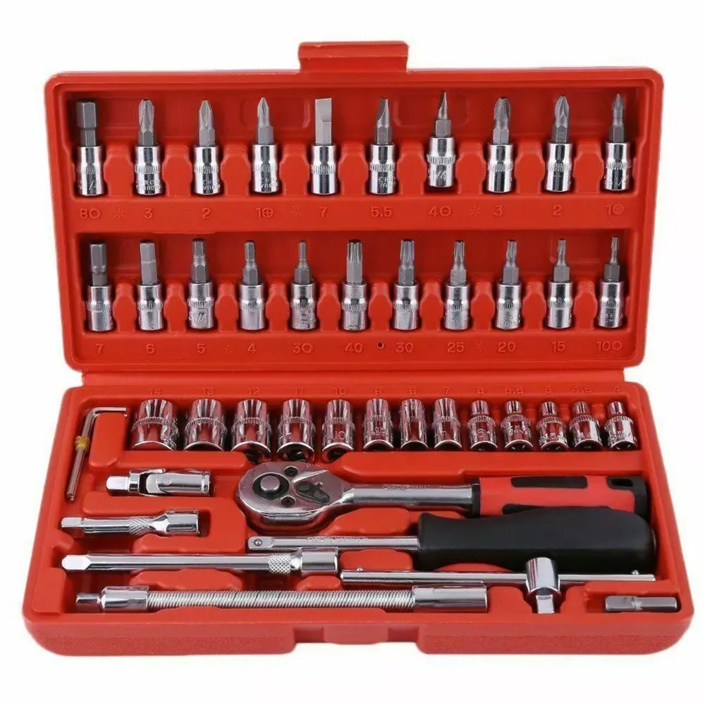 46pcs 1/4 Inch Drive Socket Set Ratchet Wrench Set Car Tool Kit, Bit Socket Wrench Set Metric Mechanic Tool Set Car accessories