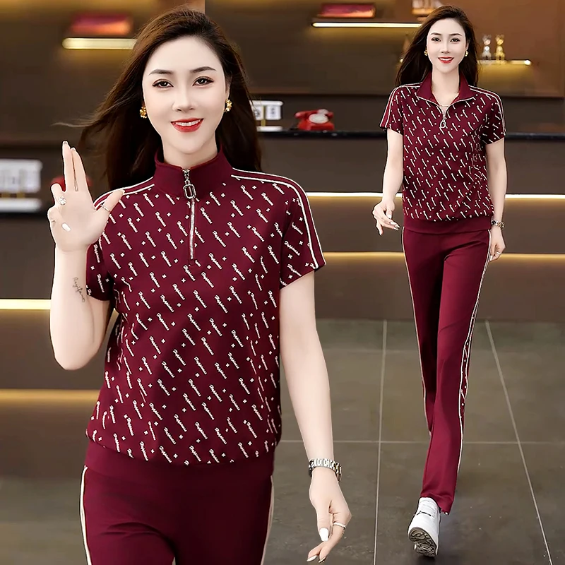 

Комплект спортивной одежды из ледяного шелка для женщин: летний тонкий костюм-двойка с коротким рукавом, модный и молодежный, в стиле Mom, повседневная футболка