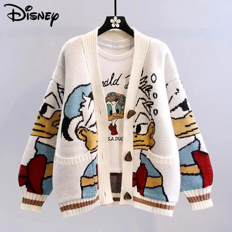 Disney Donald Duck Cute Cardigan Women Autumn Winter Long Sleeve Top Knitwear Y2k Korean Fashion Sweater Clothes