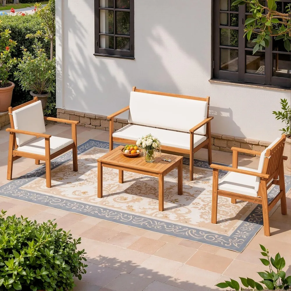 

Patio Furniture 4 Piece Outdoor Acacia Wood Patio Conversation Sofa Set with Table & Cushions Porch Furniture for Deck