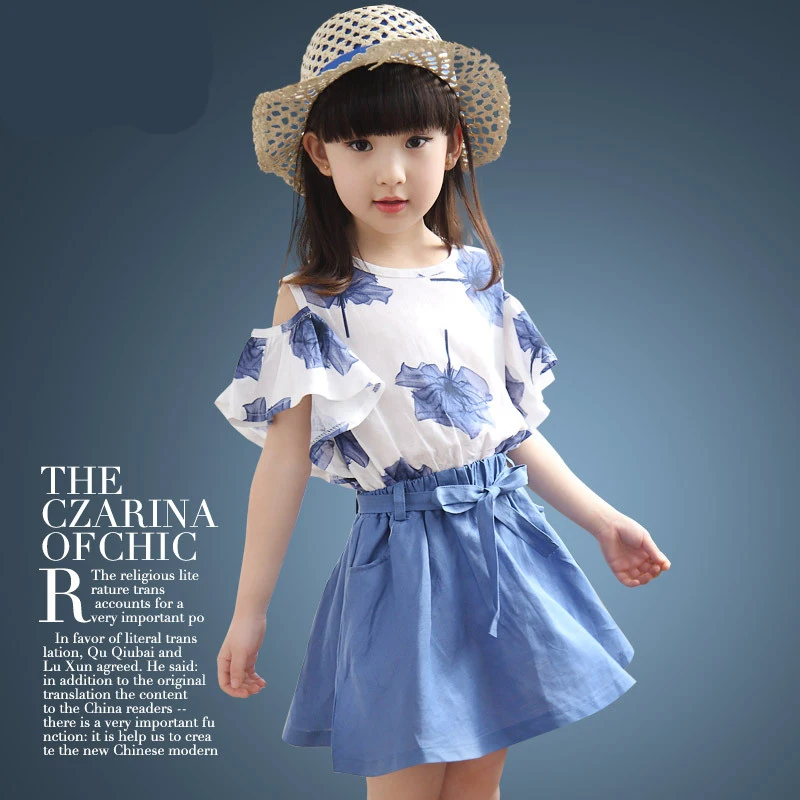 New Summer Girls Clothing Set Full Print Big Flower Off Shoulder Bat T-shirt + Short Skirt 2Pcs Outfit For Kids Children Present