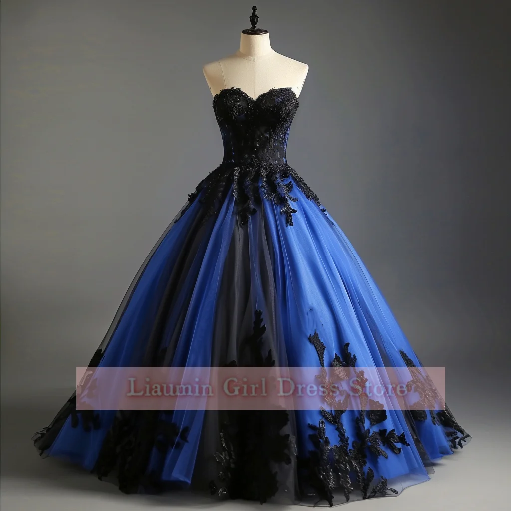 Fashion Blue and Black Applique Strapless Ball Gown Lace Up Back Full Length Evening Formal Party Prom Dress Hand Made W9-13