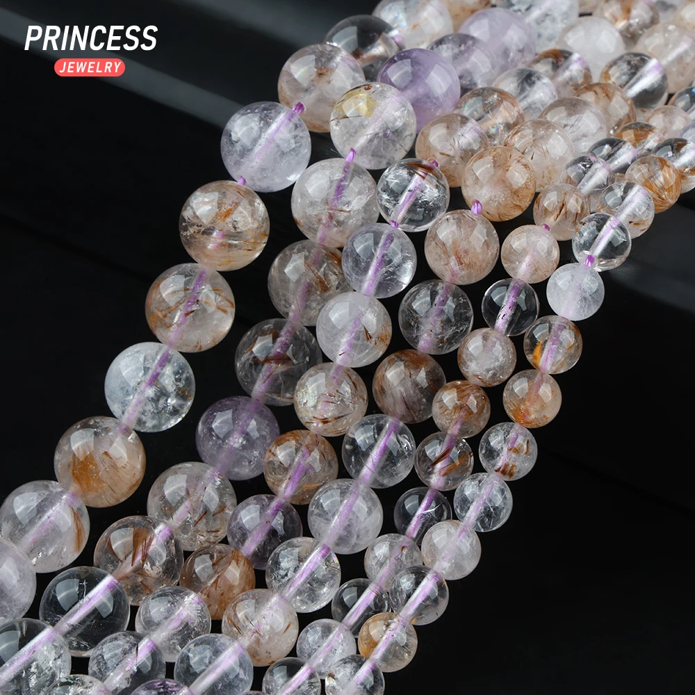 A+ Natural Purple Cacoxenite Quartz Crystal 6 8 10mm Loose Beads for Jewelry Making Bracelet Wholesale Beads DIY Accessories