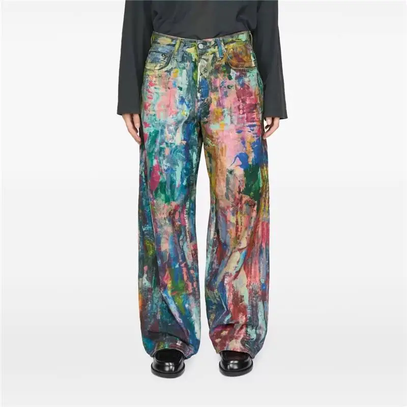 Nuevos pantalones vaqueros informales de pierna suelta 25ac para hombre, pantalones Ptte con estampado de pintura al óleo, pantalones largos de cintura baja elásticos altos