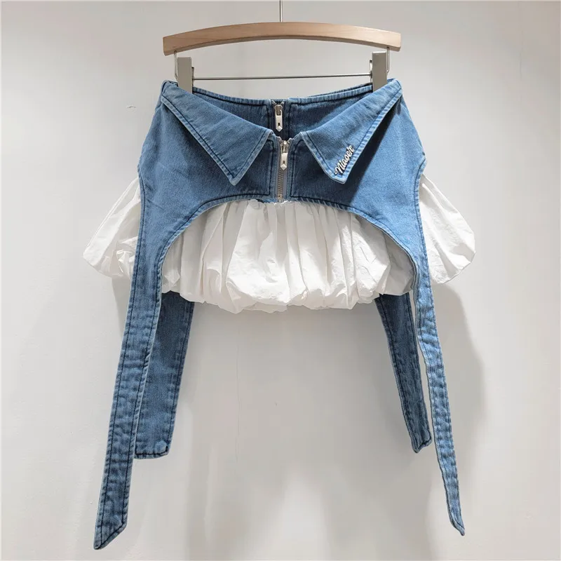 Fake Two-piece Design Denim Splicing A-line Skirt Female Fashion Street Hottie Puffy Short Skirt