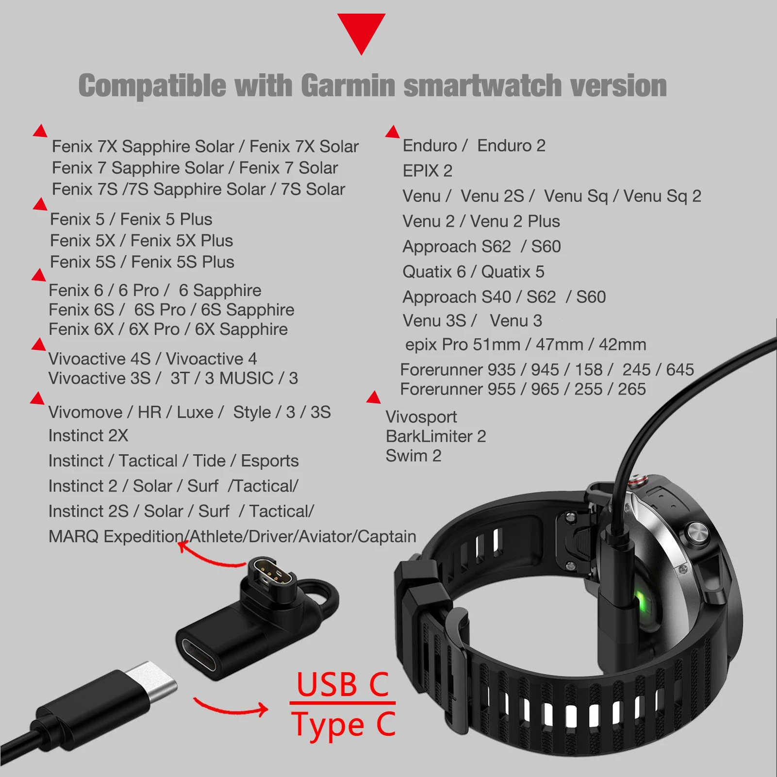 Masculino Tipo C Adaptador para Garmin, Conector de Carregamento, Relógio Inteligente, Fenix 7, 7X, Fenix 6X, Instinto, epix3, 2 Pacote