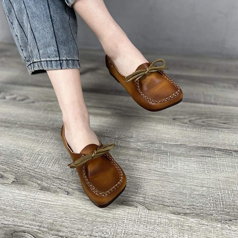 

Women Loafers Leather Shoes Square Toe Brown Soft Low Heels Ballat Flats Women Handmade Genuine Leather Women Flats Sale2023