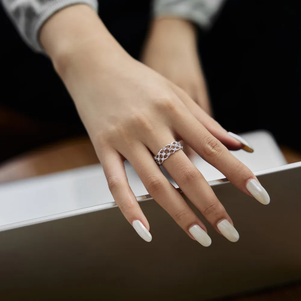 S925 Sterling Silver Full Paved Zircon Ring Grid Lace Hollow Out Design Exquisite Retro Luxury Personality Fine Jewelry Gift for