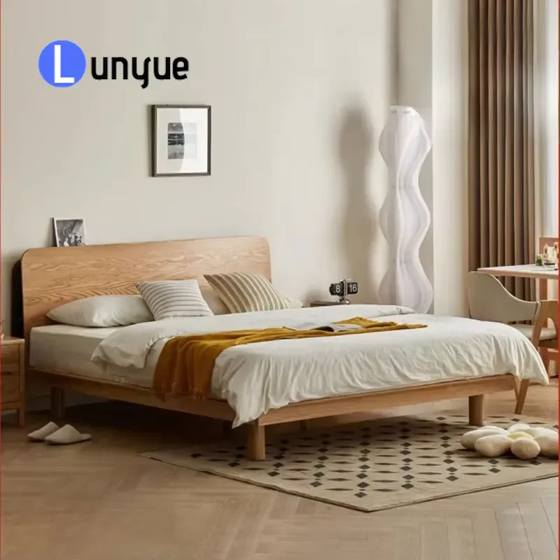 Nordic Modern Luxury Retro Solid Oak Bed with Phone Charging Eco Friendly Elegant Bedroom Furniture Factory Direct Wholesale