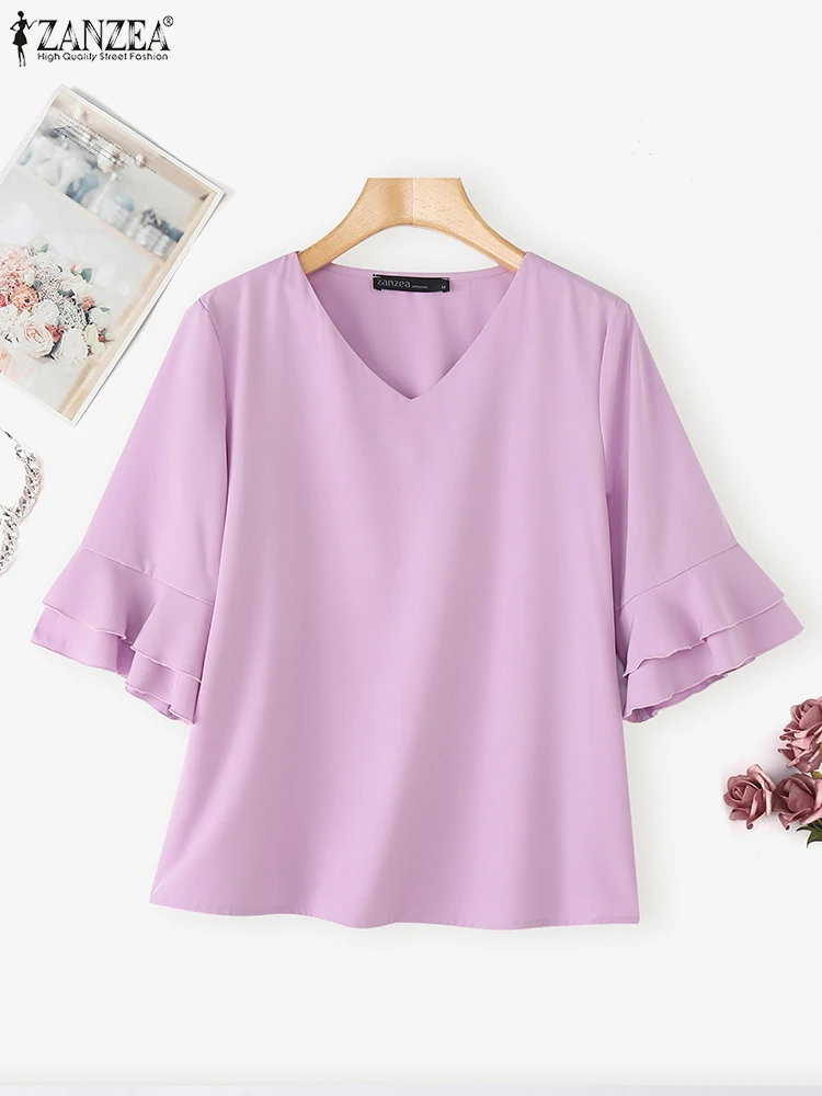 Fashion Women Tunic Tops 2025 ZANZEA Autumn Solid Color Blouse Elegant V-Neck Casual Shirts 3/4 Flare Sleeve Loose Korean Blusas