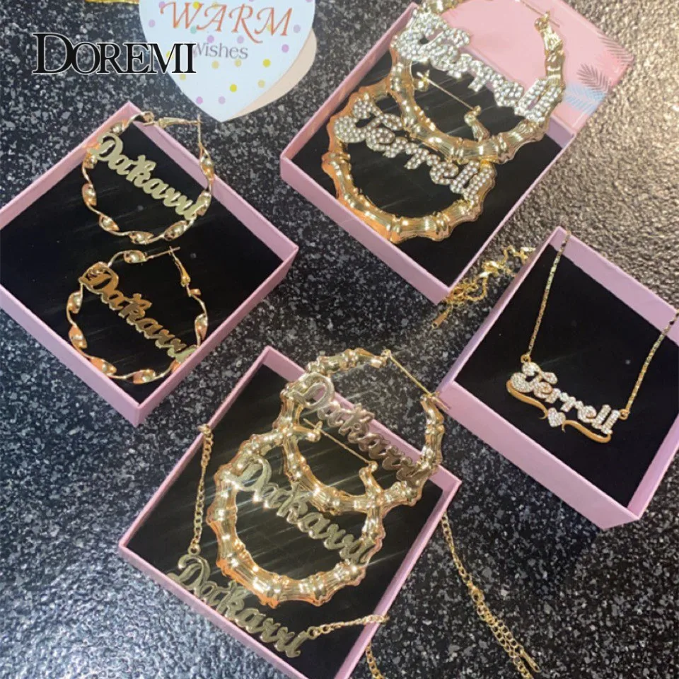 

Бамбуковые серьги-кольца Lateefah на заказ, серьги с персонализированным именем, комплект серег и ожерелья с именем, 3 мм, круглая кубинская цепочка b