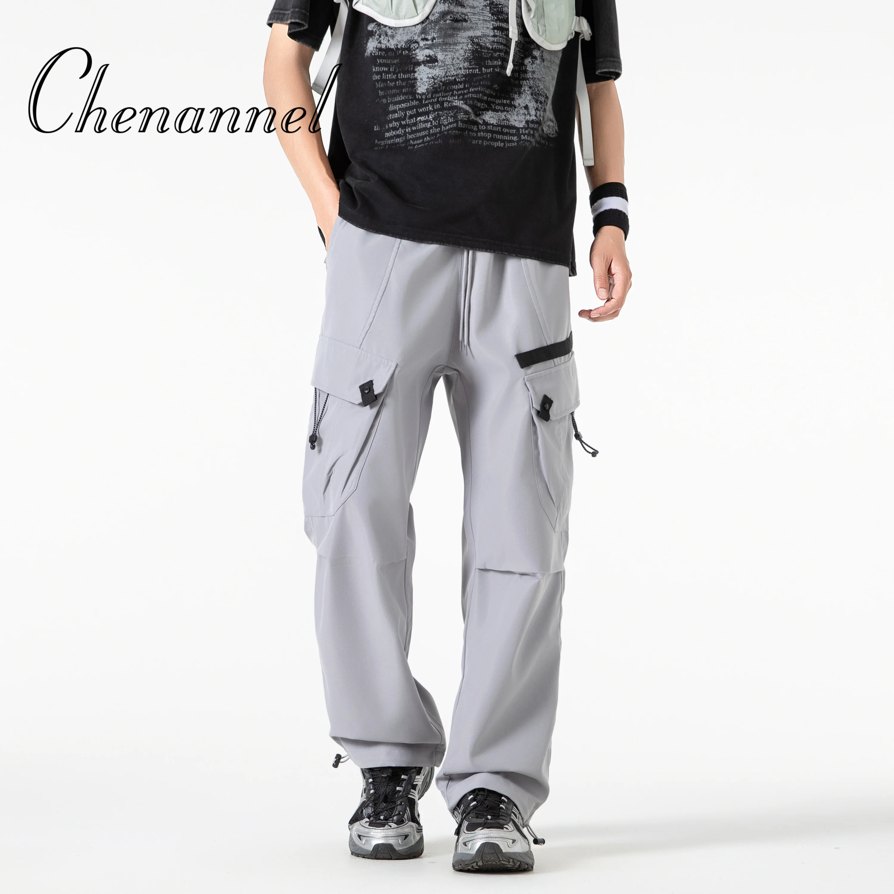 Calças de trabalho lavadas cinza primavera e outono calças soltas retas masculinas outono calças estilo descontraído