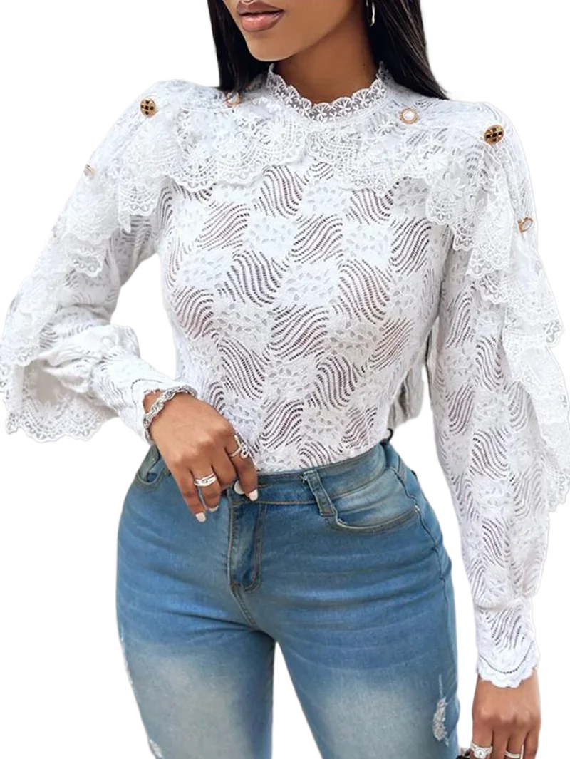 Women Casual Solid Color Crochet Lace Round Collar Buttoned Pullover Blouse Top