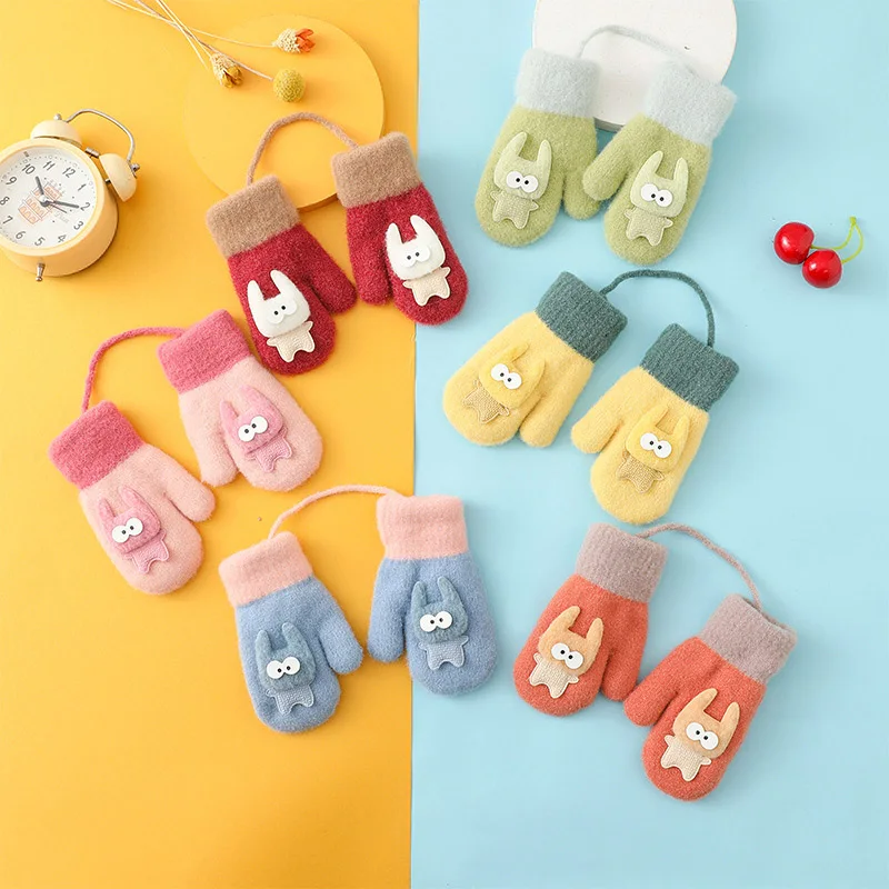 Cute Cartoon Kids Plush Gloves 1-3Year Baby Hanging Neck Mittens Anti-Cold Warm Hand Covers Lamb Fleece Winter Children Glove
