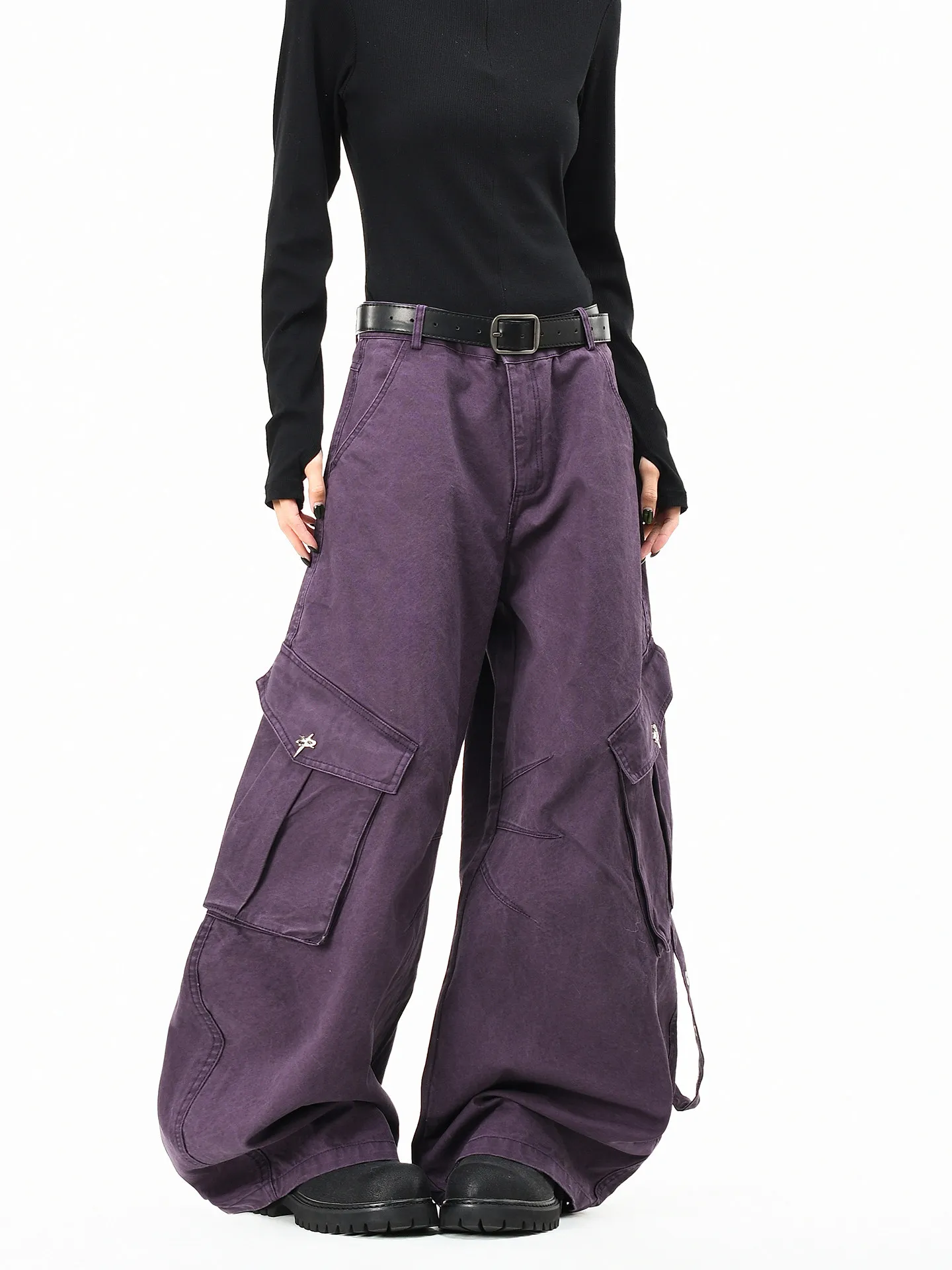 Retro American Splicing Multi-Pocket Washed Work Pants Men's Loose Wide Leg Knife Long Trousers Street Style Jeans