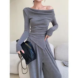 Irregular One Shoulder Pullover Top Pants Sets Women Summer Tracksuit Long Sleeve Shirt High Waist Pants 2PC Sets Female Outfit