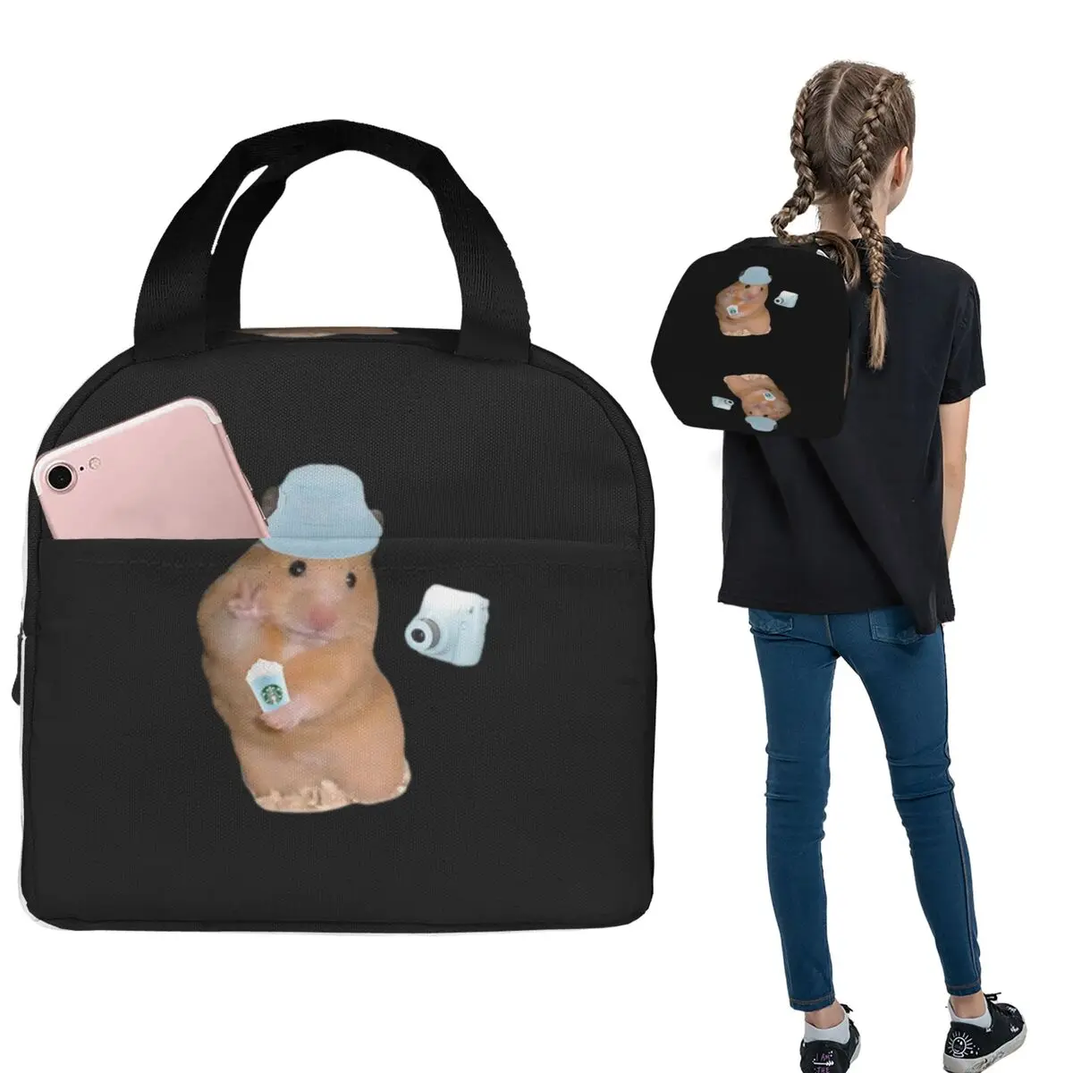 Peace Sign Hamster Meme With Camera Insulated Lunch Bag for Women Children Portable Food Boxes Thermal Lunch Box Tote
