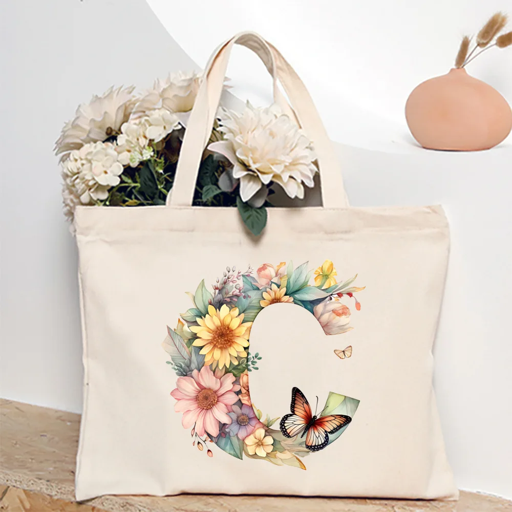 Borsa tote con stampa floreale AZ iniziale per donna Borsa a tracolla da viaggio riutilizzabile stampata in tela di grande capacità per lo shopping