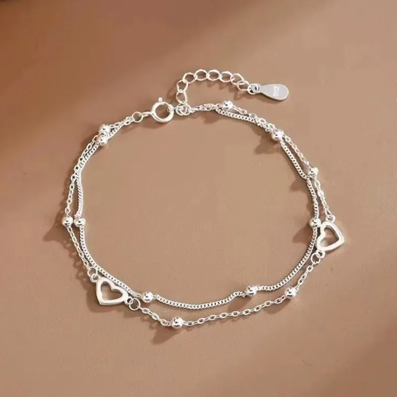 Sterling silver hollowed-out love women's bracelet, retro Korean design double-layer beaded bracelet, party jewelry gifts DailyO