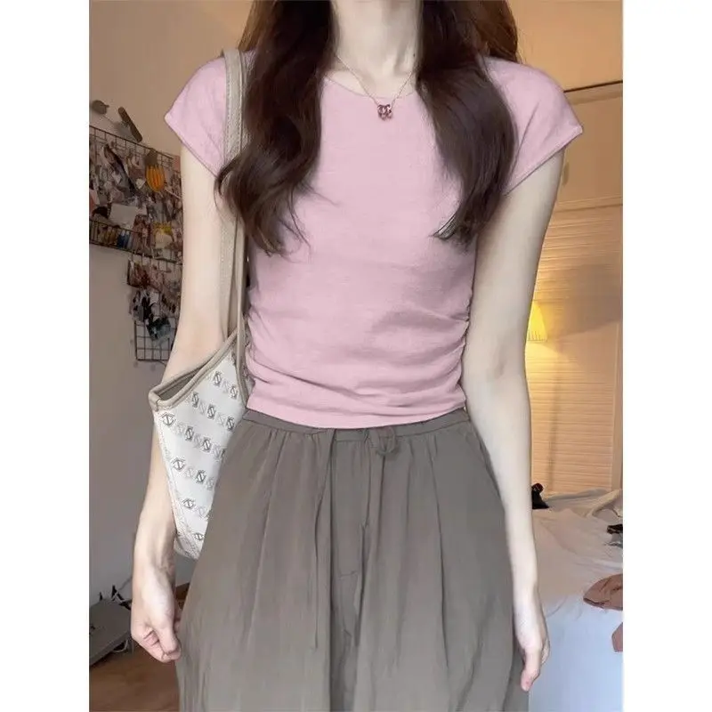 

Korean Style Women's Slim Fit Short Sleeve T-Shirt Summer Ice Silk Knitted Top Fashionable Commute Style Regular Thickness