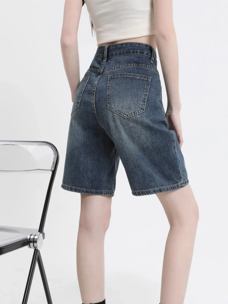 

Американские ретро джинсовые брюки с высокой талией, женские свободные узкие брюки трапециевидной формы, прямые брюки пять четвертей, повседневная одежда, выцветшие синие джинсы