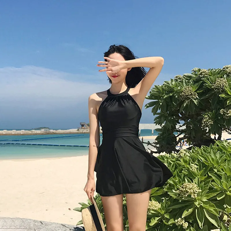 

2024 New One-piece Swimsuit Female Skirt Type Belly-shading Thin Backless Hollow Sexy Solid Color Vacation Spa Swimsuit