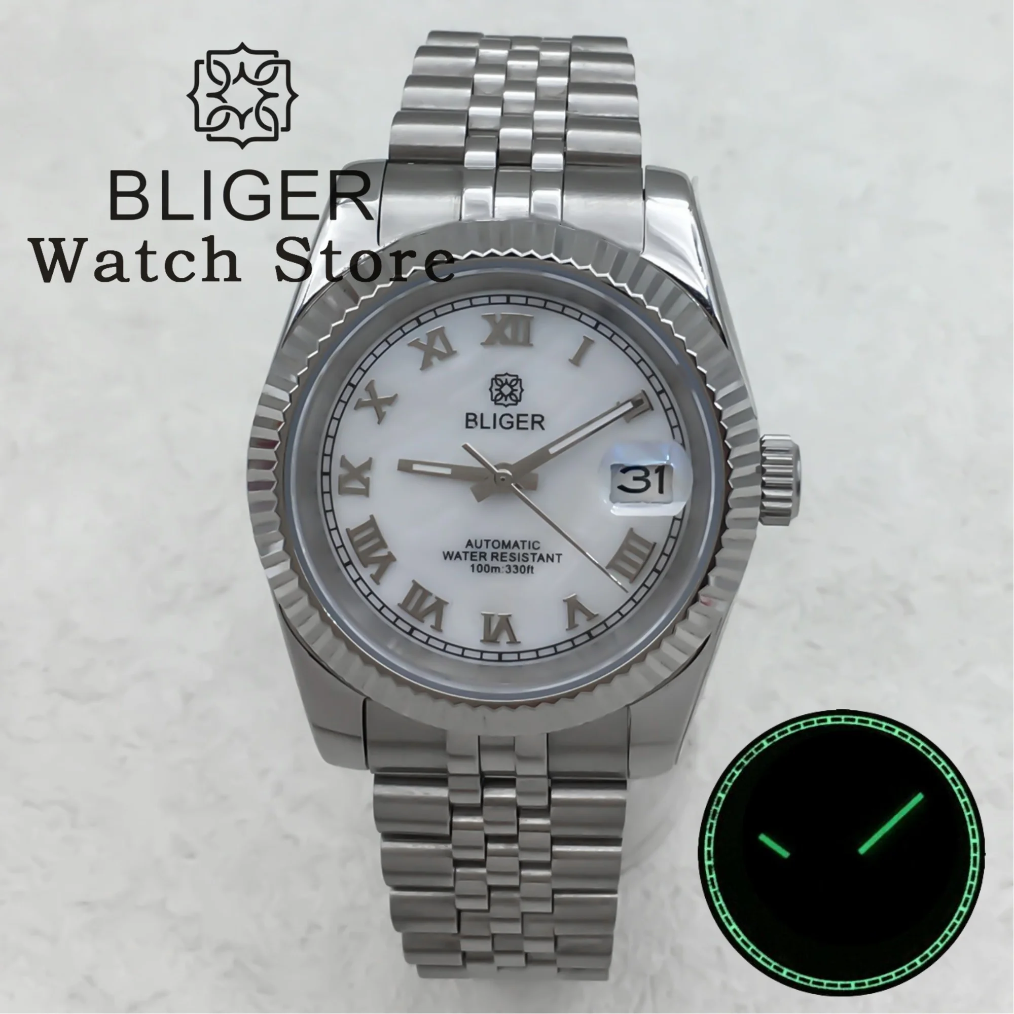 BLIGER 36mm 39mm NH35A Automatic Men Watch Fluted White Shell Dial Silver Roman Index Luminous Sapphire Glass Stainless Strap