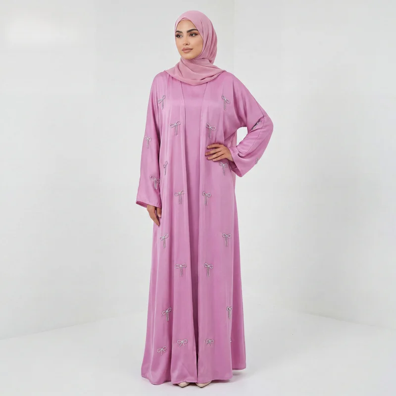 2026 Elegant Studded Cardigan And Inner Two-piece Set Prayer Dress Eid Ramadan Dress Abayas Kaftan Muslim Robe Clothes LR1013