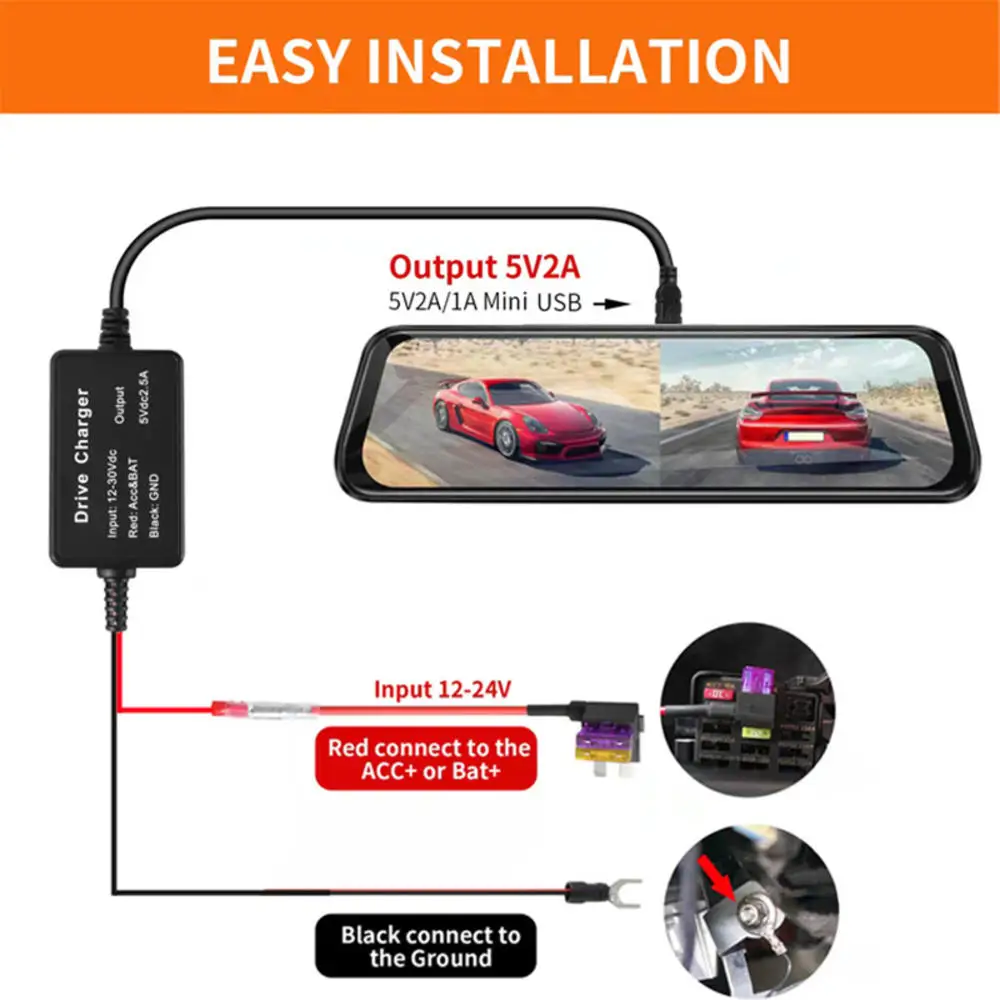 Universal 3.5m 12v-36v to 5v 2.5A Mini Micro USB Car Dash Camera Charger Adapter Cam Hard Wire DVR Hardwire Kit ACS Fuse Holder